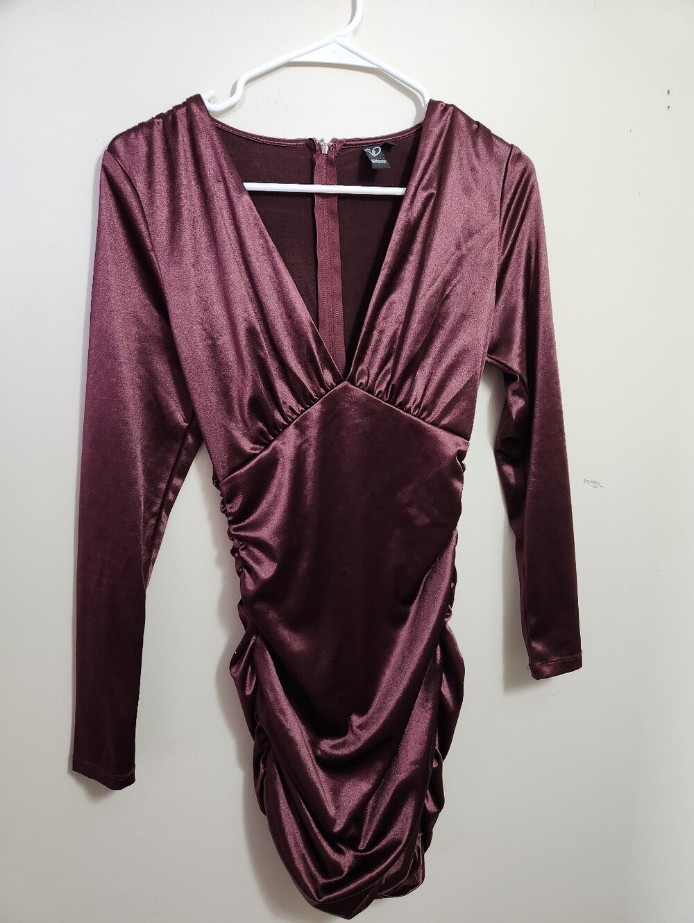 Windsor Long-Sleeve Deep Wine Satin Ruched Dress